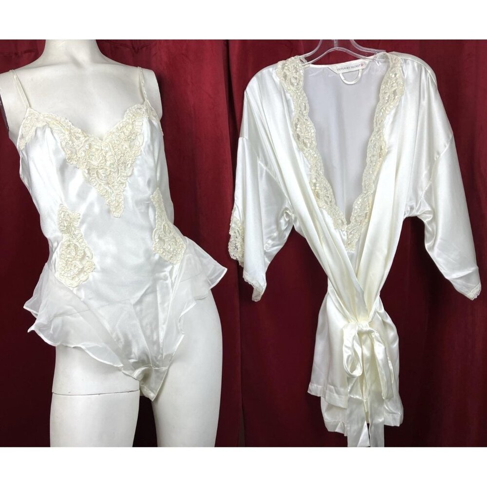 Vintage 90s Victoria’s Secret High Cut Heart label bodysuit robe set Wedding 80s